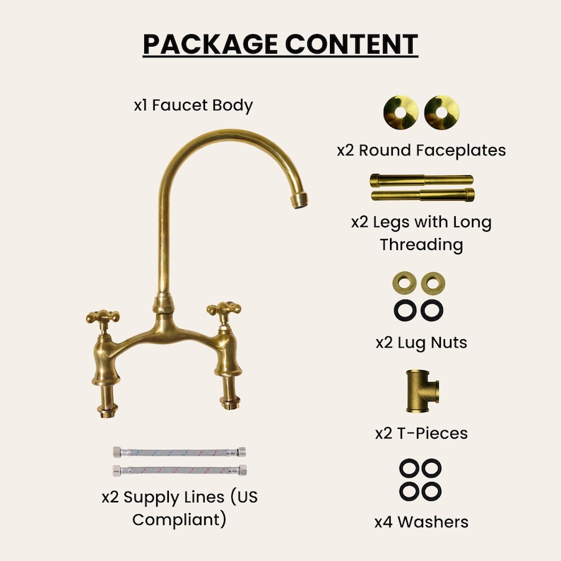 Package contents: brass faucet body, faceplates, threaded legs, washers, T-pieces, lug nuts, and US-compliant supply lines.