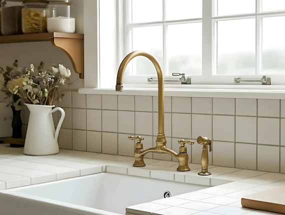 Unlacquered Brass Kitchen Faucet, Solid Brass Faucet, Bridge Faucet, Sink Faucet, Antique Brass Faucet, Vintage Kitchen Tap