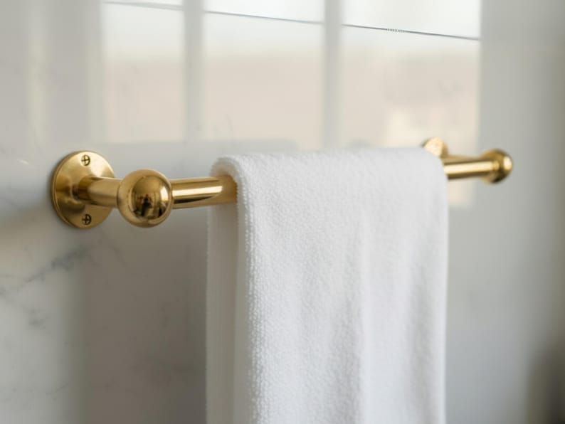 Solid unlacquered brass towel bar with white towel, wall-mounted on marble bathroom wall.