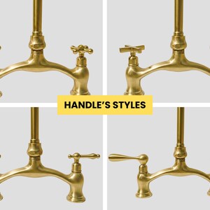 Four handle styles for brass bridge faucet: A1 cross, A2 T-bar, A3 round lever, A4 classic lever, all handmade in brass.