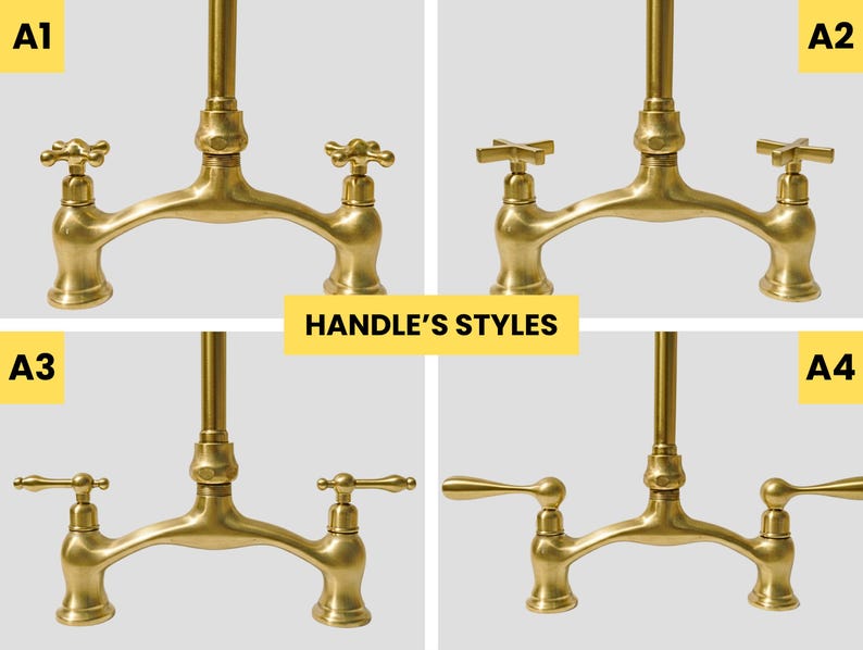 Four handle styles for brass bridge faucet: A1 cross, A2 T-bar, A3 round lever, A4 classic lever, all handmade in brass.