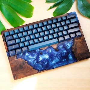 Handmade Resin and Wood Keyboard Case, Blue Wooden Mechanical Keyboard Shell, Blue Epoxy Burl Wood Case, Artisan Gift for Gamers & Creators