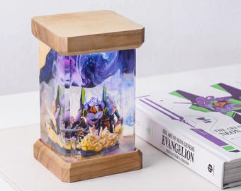 Handmade Resin Wood Lamp with Glowing Mecha Design, Night Light for Anime Lovers, Unique Desktop Gift for Him, Geek Room Decor