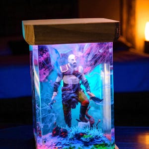 Kratos Fantasy LED Light Box, Handmade Gamer Night Light, God of War Resin Diorama Lamp, Gamer Room Decor Gift for Him, Gift For Him