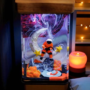 Astronaut LED Light, Galaxy Resin Lamp, Space Theme Night Light, Crescent Moon Decor, Sci-Fi Room Lamp, Cosmic Gift for Him, Gift For Her