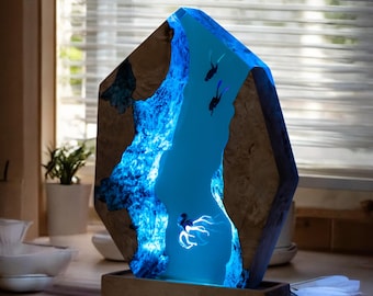 Resin Scuba Diver Lamp, Octopus Ocean Diorama, Handmade Art Deco