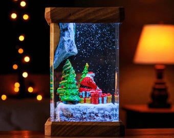 Santa Claus LED Resin Lamp, Handmade Christmas Scene Light, Holiday Decor Night Light, Gift Box Winter Forest Display, Halloween Gift