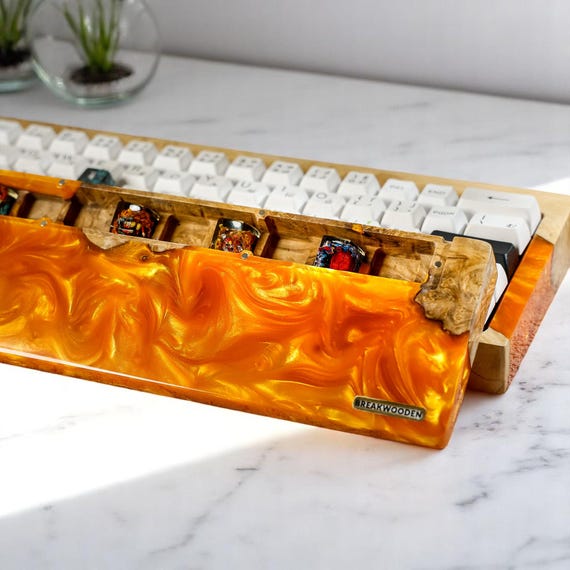 Handcrafted Resin and Wood Artisan Wrist Rest, Orange Swirl With