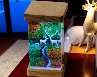 Handmade Deer Forest Resin Lamp, Woodland LED Night Light