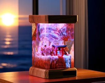 Japanese Torii LED Resin Lamp, Handmade Wooden Base Night Light