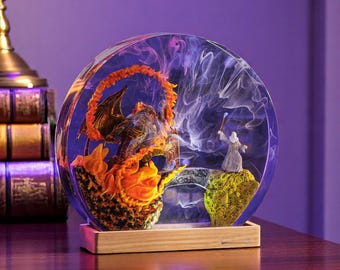 Epic Fantasy Resin Lamp – Wizard vs Fire Demon Battle Scene, Handmade Diorama Light