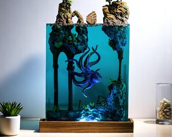 Ocean Explorer’s Light – Deep Sea Octopus & Rock Scene Coastal Glow: Resin Lamp with Octopus and Sea Stone Design Birthday Gift for kids