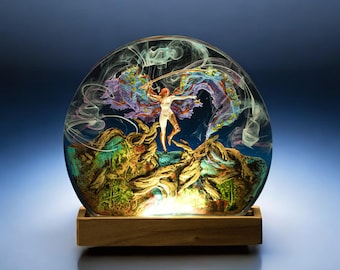 Handmade Resin Lamp: Valkyrie Warrior with Sword, Cape, LED Light