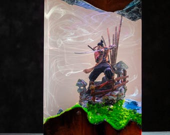 Samurai Resin LED Lamp, Handmade Night Light Diorama, Epoxy Wood Desk Decor, Japanese Warrior Scene Gift for Him, Home Lighting
