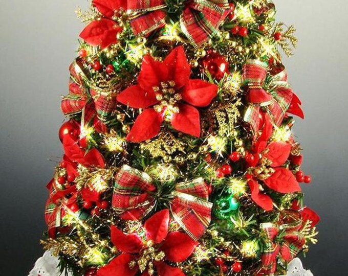 Mini Tabletop Christmas Tree Poinsettias and Plaid Bows 16 Etsy