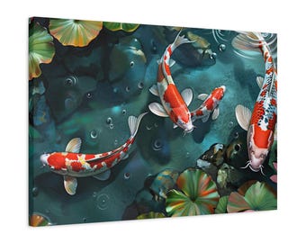 May include: A canvas print featuring a serene pond scene with four koi fish. The fish have red and white markings, swimming among lily pads and bubbles. The water is a deep teal color, creating a tranquil and artistic aesthetic.