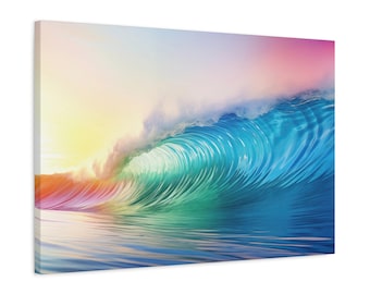 Puede incluir: Una vibrante impresión en lienzo que presenta una colorida ola del océano. La ola está representada en tonos de azul, turquesa, verde, amarillo, naranja y rosa, con el sol brillando a través de la cresta. La obra captura la belleza del océano.