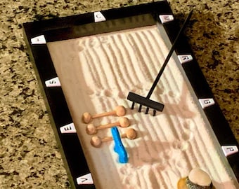 Dressage Zen Garden. Tabletop Size Lettered Zen Arena with Stone Horse, Wood Zen Rake, Stones, Cavalettis, & Sand&quot;Footing&quot;