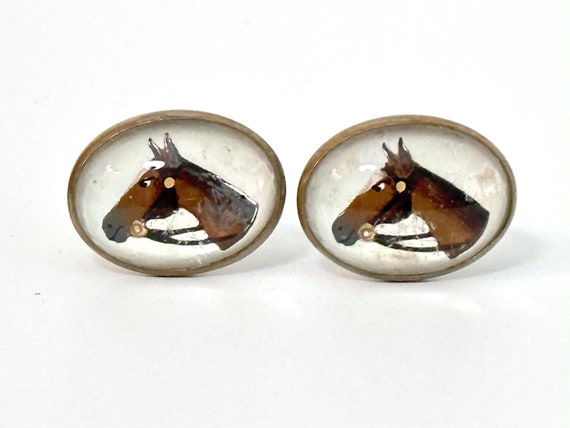 Vintage Horse Cuff Links Reverse Painted  Antique? - image 1