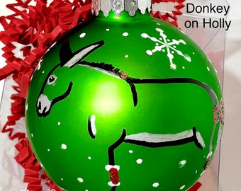 DONKEY Ornament, Miniature Donkey Hand Painted Glass Ball Christmas Ornament - Choose Color, Gift-Boxed, Free Personalization