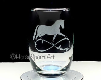 Dressage Horse Infinity Wine Glasses ENGRAVED w/ Original Art - Braided Silhouette in Extended Trot.Choose Glass Style.