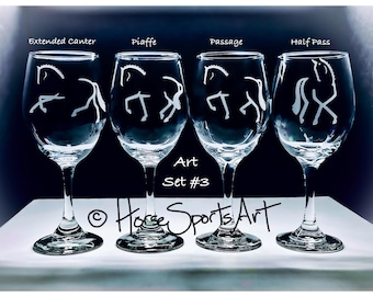 Dressage Horse Wine Glasses or Pilsners Engraved with Different Iconic Movements - Choose Art for 2 or 4 Stemless Wines, Wine Stems, Pilsner