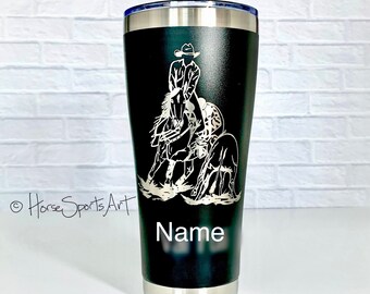 Personalized CUTTING Horse & Rider Travel Tumbler Mug for Hot or Cold. 8 Colors. 20 or 30 oz. Insulated Stainless Steel.