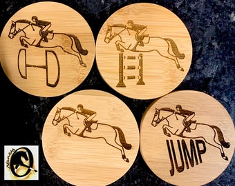 Show Jumping Horse Coasters.  OTTB, Hunter, Warmblood, Sport Horse -Engraved with Original Horse & Rider Art. Set of 4. Gift-Boxed.