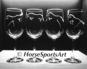 Show Jumping Hunter Jumper Horse Etched Wine Glasses,Whiskeys, Pilsners, Champagnes. OTTB Sport Horse, Open Jumper, Equitation, Eventing