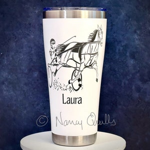 Standardbred Harness Horse Racing Travel Mugs 20, 30 & 40 oz Insulated Travel Mug Trotting Horse Trotter or Pacer Horse w/ Sulky,Driver.