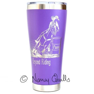 Personalized BARREL RACING Horse & Rider Travel Tumbler Insulated Mug for Hot or Cold. 8 Colors. 20 or 30 oz. Stainless Steel.