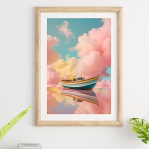 Murale da parete "Barca da sogno" - Cielo pastello surreale e riflessi d'acqua calma, fantasiosa arte marina per la casa