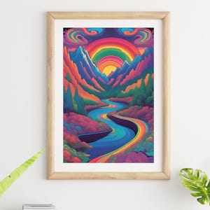 Colorful Surreal Mountain and River Art – Dreamlike Fantasy Landscape Poster with Vivid Colors for Nature & Imaginative Interiors