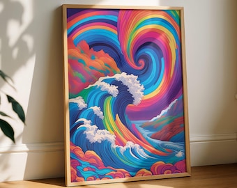 Psychedelische Ocean Wave-print, trippy kleurrijke muurkunst, surrealistische zeeposter, energieke digitale download