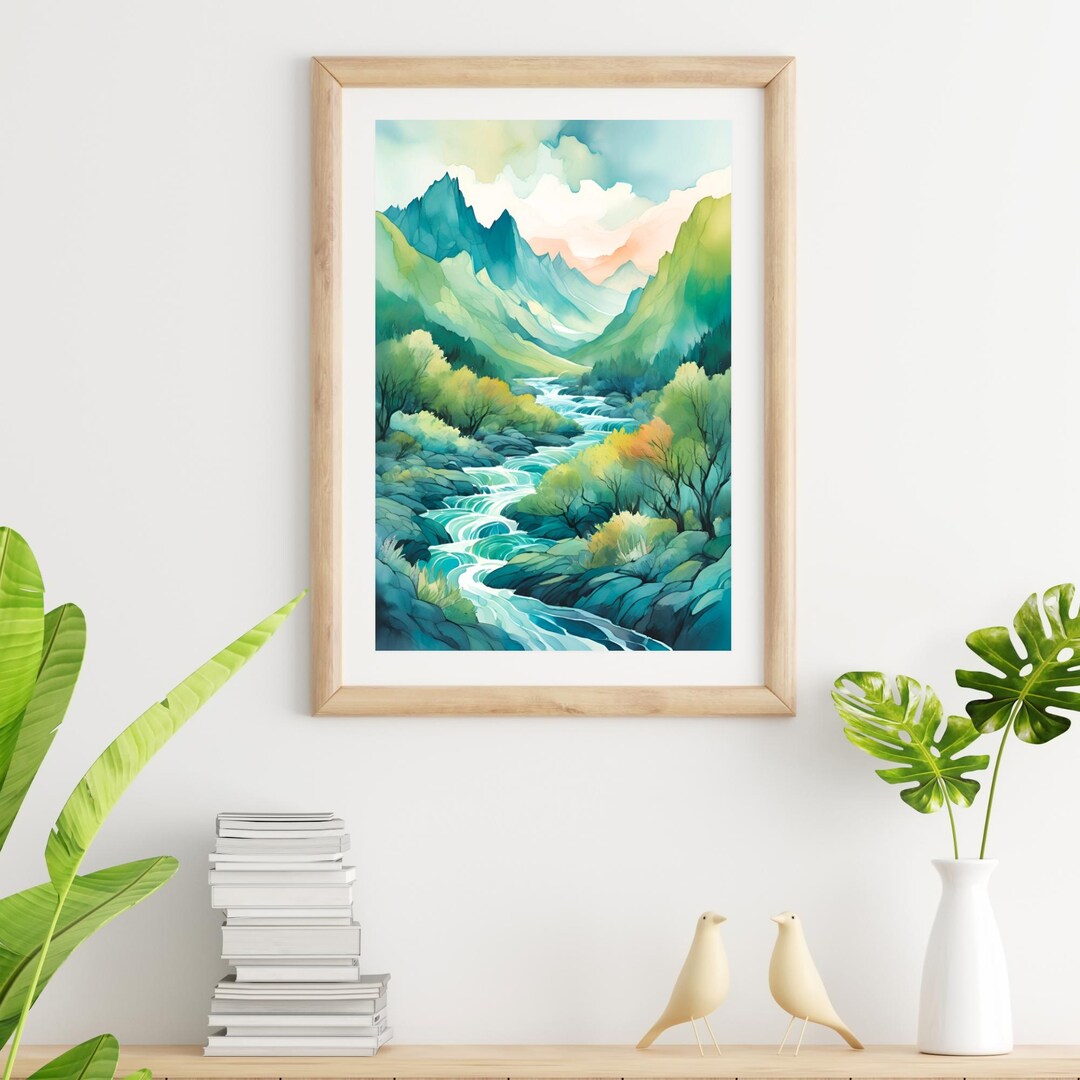 Serene Mountain Landscape Print – Watercolor River Scene Wall Art ...