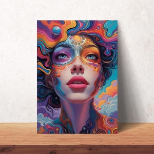 Psychedelic Woman Portrait Wall Art - Trippy Colorful Face Print - Surreal Female Artwork for Boho or Modern Interiors