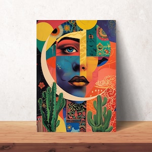 Bold Colorful Surreal Portrait with Cactus | Abstract Woman Face Wall Art | Modern Neo Pop Digital Print