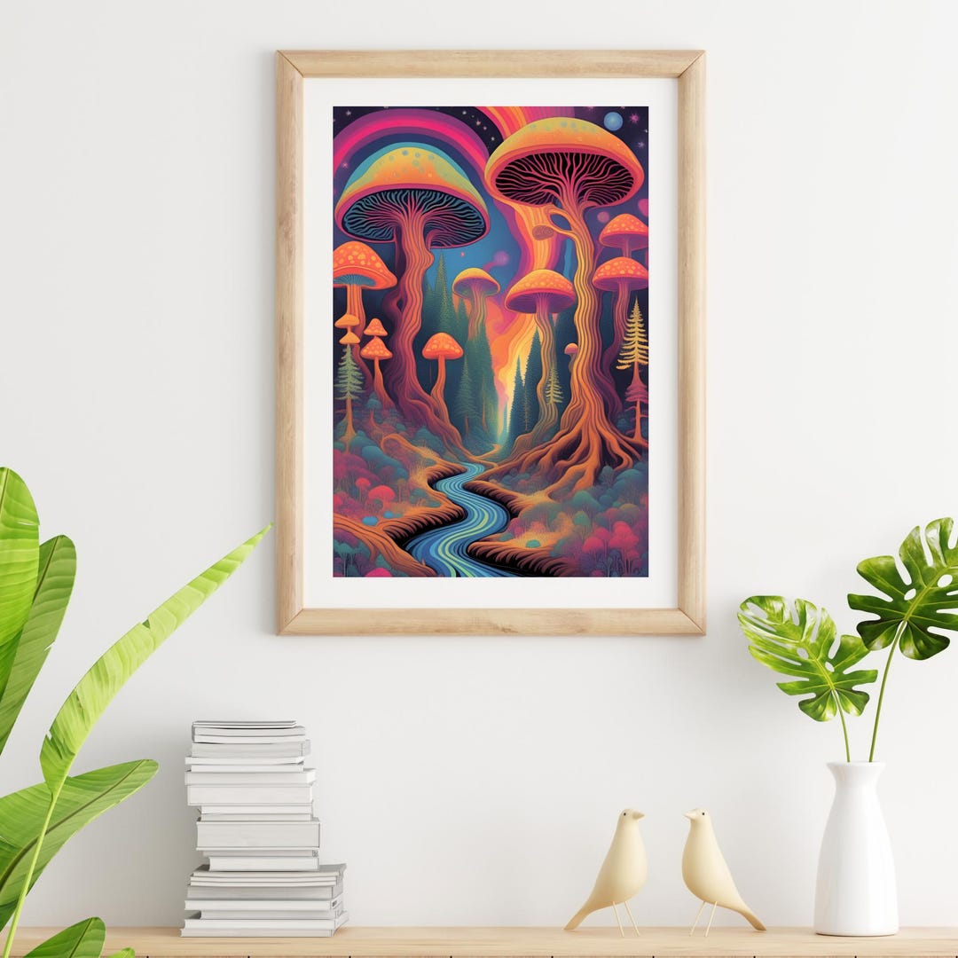 Psychedelic Mushroom Forest Wall Art – Trippy River Landscape Digital ...