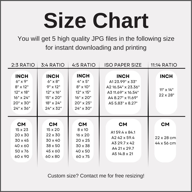 May include: Size chart graphic with inch and centimeter measurements for various print ratios, including 2:3, 3:4, 4:5, ISO paper sizes, and 11:14. Includes sizes like 6" x 9", 15 x 23 cm, and A1 59.4 x 84.1 cm. Text: "You will get 5 high quality JPG files..."