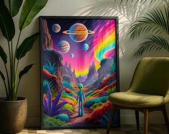 Retro Futuristic Alien Print, Neon Pop Art, Sci-Fi Home Decor