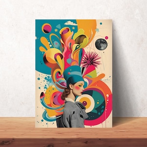 Colorful Psychedelic Woman Portrait – Surreal Retro-Futurist Digital Wall Art with Cosmic Elements