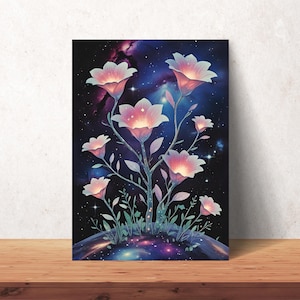 Galaxy Flowers Art Print, Magical Cosmic Garden Poster, Surreal Space and Floral Wall Decor, Vibrant Fantasy Digital Artwork
