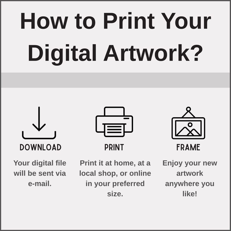 May include: A graphic with the text "How to Print Your Digital Artwork?" and three steps: Download, Print, and Frame. Each step includes an icon and a brief description of the process.