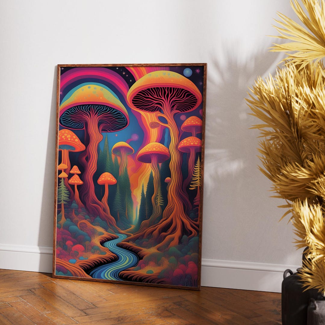 Psychedelic Mushroom Forest Poster, Trippy Fantasy Art, Surreal Nature ...