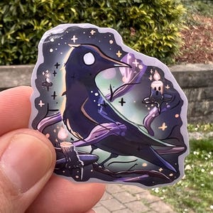 Pegatina de cuervo celestial / Pegatina de vinilo de cuervo gótico / Arte de pájaro místico / Pegatina estética de bruja / Arte celestial impermeable / Pegatinas