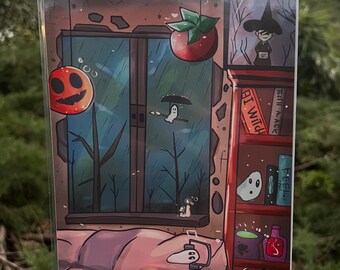 May include: A colorful illustration featuring a Halloween-themed scene. A pumpkin and a tomato-like fruit are on the left side of a window. A witch is on a shelf with books. The artwork includes a ghost, a mushroom, and the text "Hi Witch".