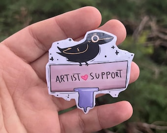 Pegatina de apoyo a los artistas con un lindo cuervo / diseño de letrero de apoyo a los artistas / pegatina de movimiento artístico contra la IA / arte único de cuervos y letreros / resistente al agua