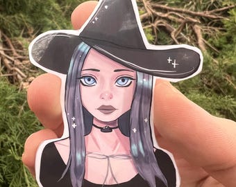 Sticker schattig heksenmeisje / zwarte outfit en hoed / blauwe ogen grijs haar / magische vinylsticker / cadeau hekserijliefhebber / waterdichte sticker