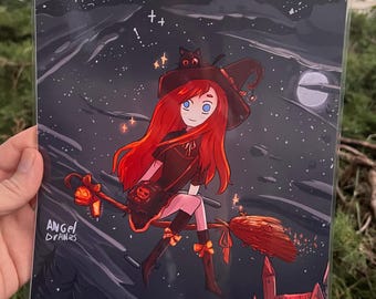 Whimsical Halloween Witch Art Print, Orange Hair, Cat & Village Scene
