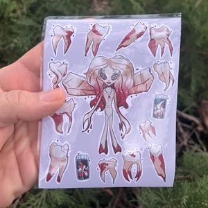Foglio di adesivi inquietanti e carini della fatina dei denti / Adesivi spettrali in vinile impermeabili / Arte sanguinosa con denti malvagi e sanguinanti per tenere un diario